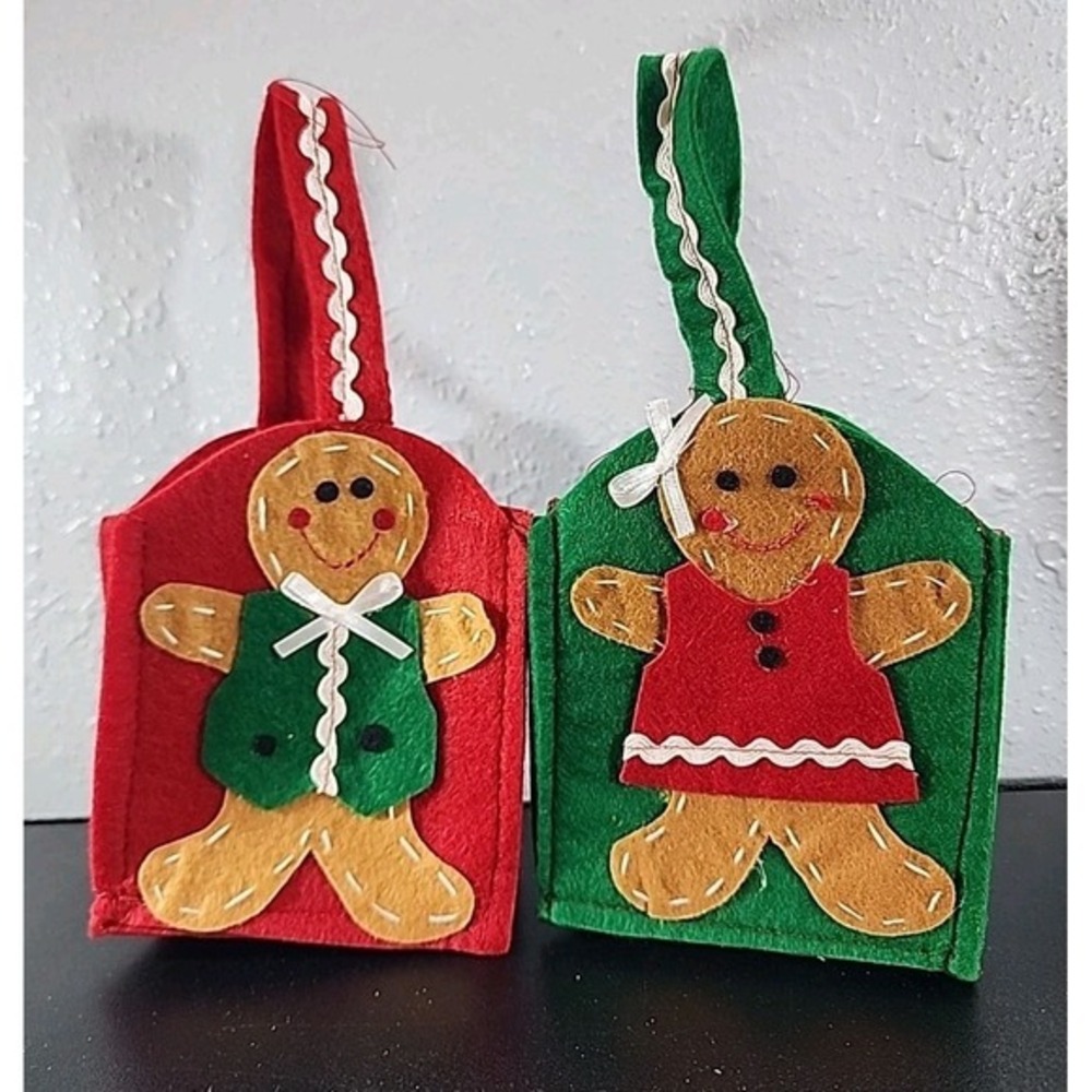 Felt Christmas Goody Gift Bags with Handles. Gingerbread Boy And Girl 6 Total